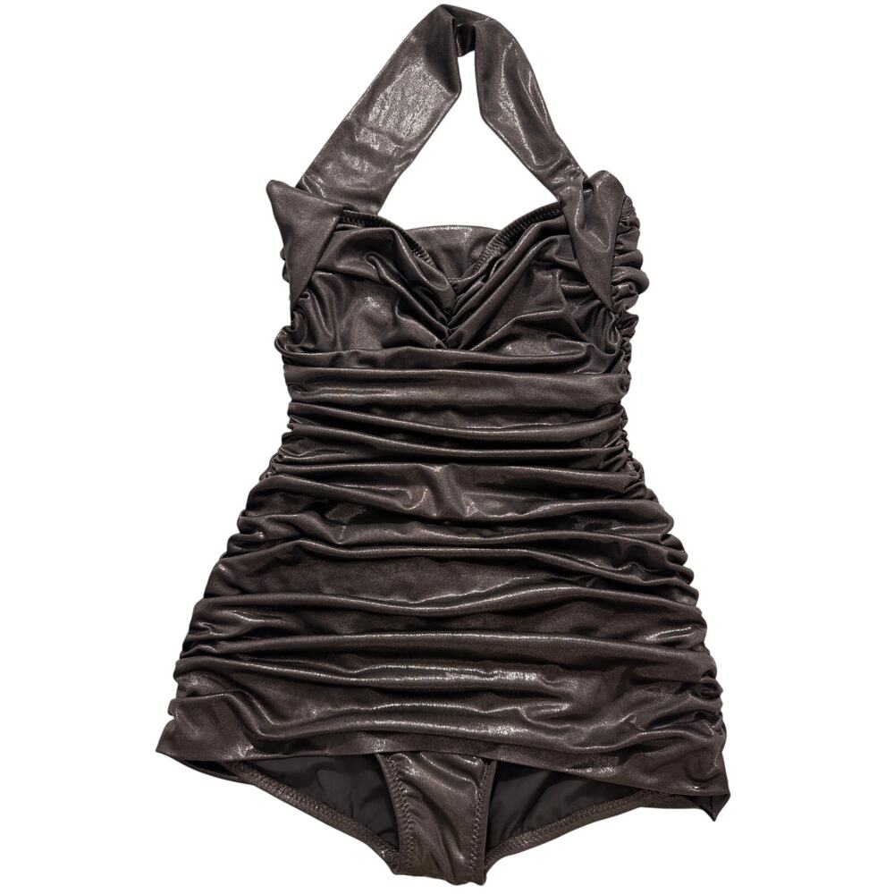 Norma Kamali Metallic Black Ruched One-Piece Swimsuit M